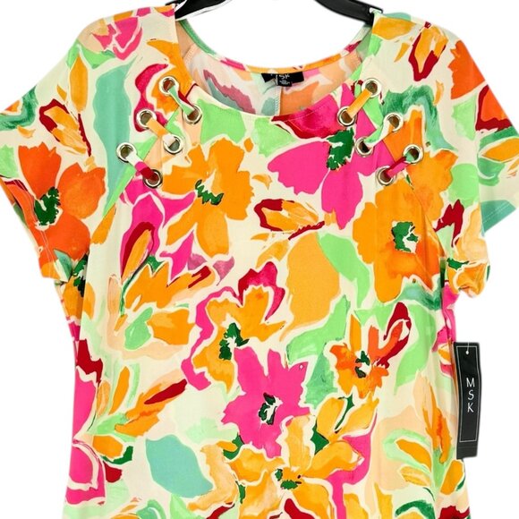 MSK Womens Pullover Stretch Ivory Multi Floral Print Short Sleeve Dress Sz L NWT - Picture 4 of 13